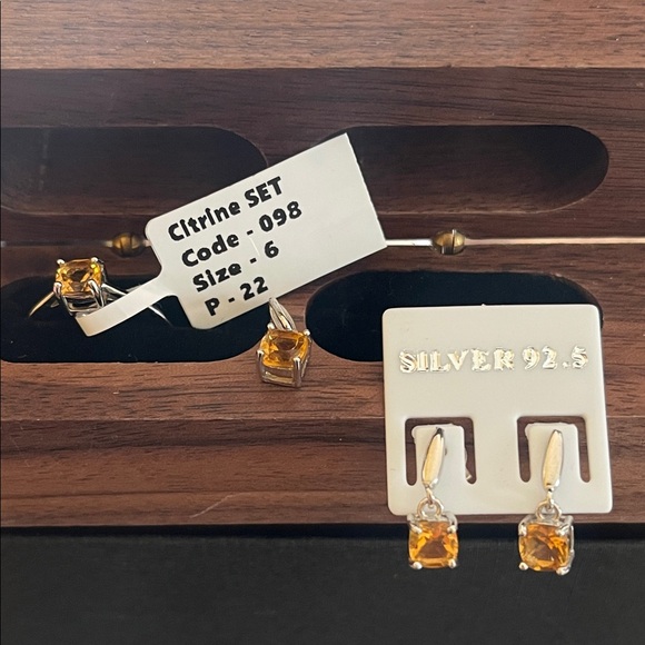 NWT Natural Citrine Earrings Pendant & Ring Size 6 Set in 925 Silver